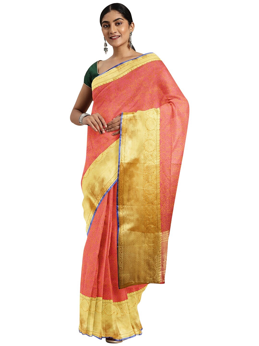 

KALINI Orange & Gold-Toned Woven Design Zari Banarasi Saree