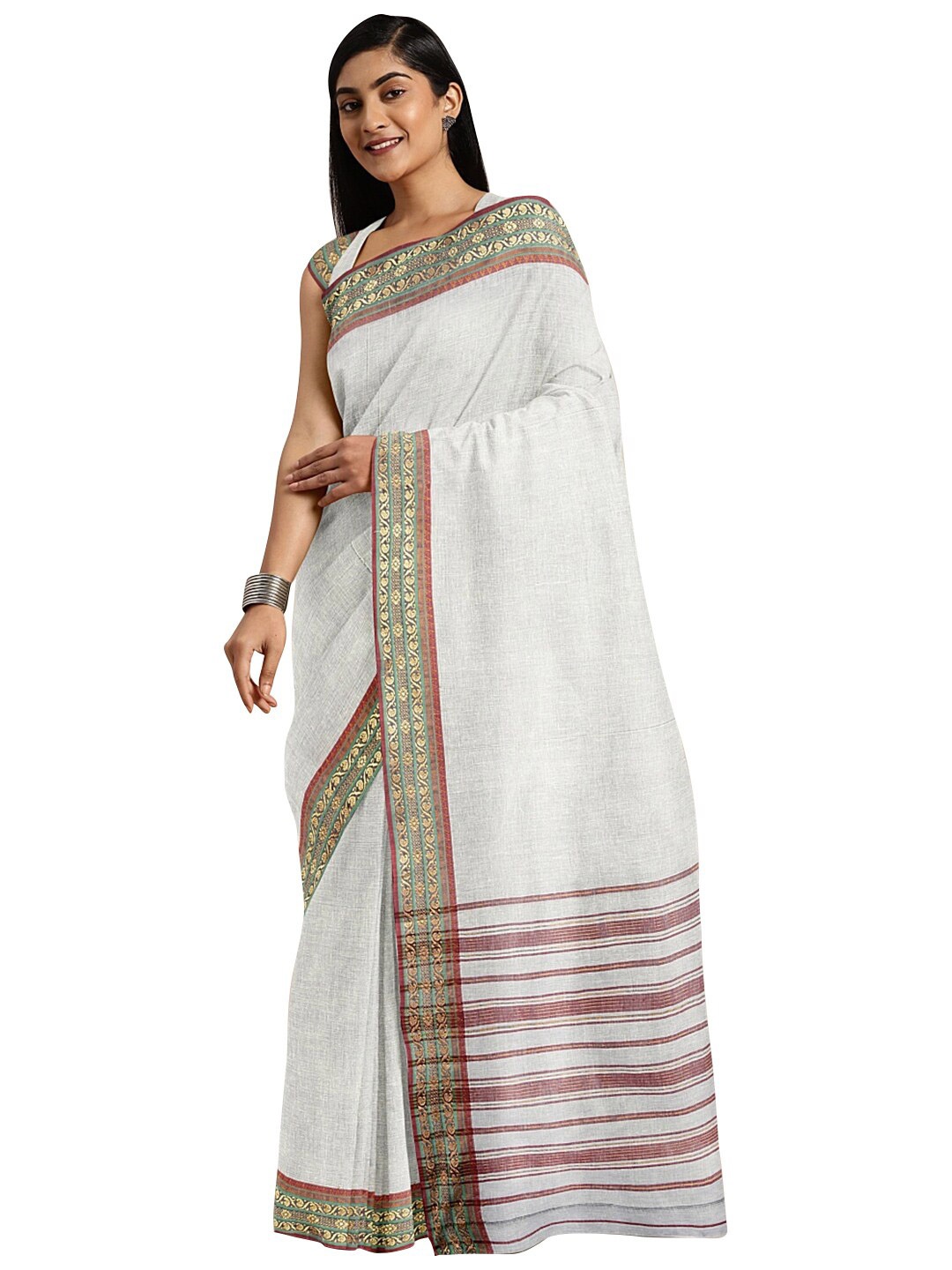 

KALINI White & Pink Zari Pure Cotton Venkatgiri Saree