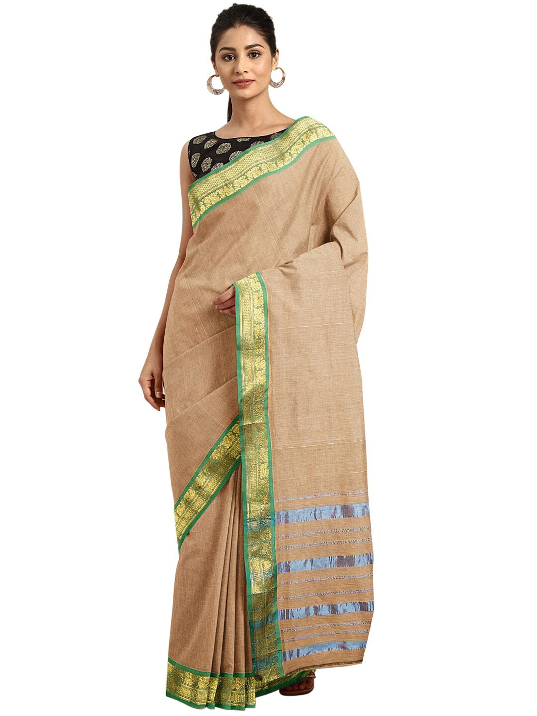 

KALINI Beige & Green Zari Pure Cotton Venkatgiri Saree