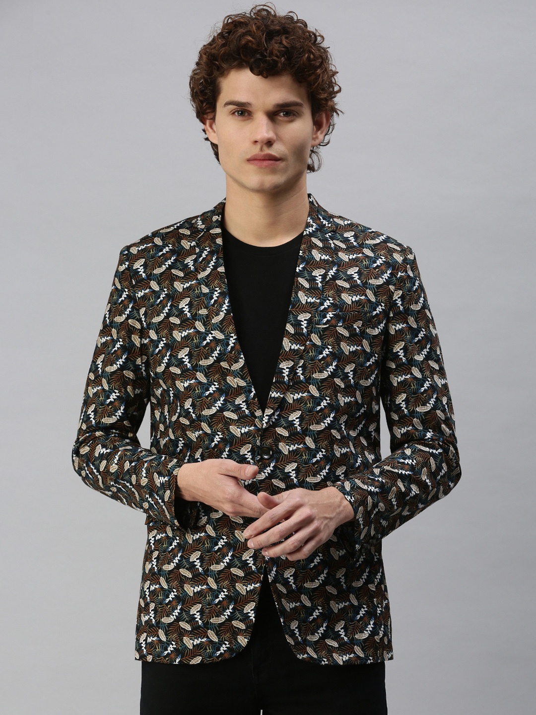 

SHOWOFF Men Black & Brown Printed Single-Breasted Slim-Fit Blazer