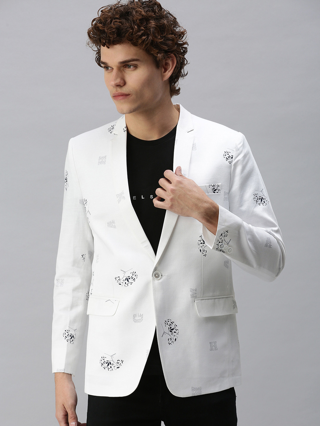 

SHOWOFF Men White & Black Printed Single-Breasted Slim-Fit Blazer