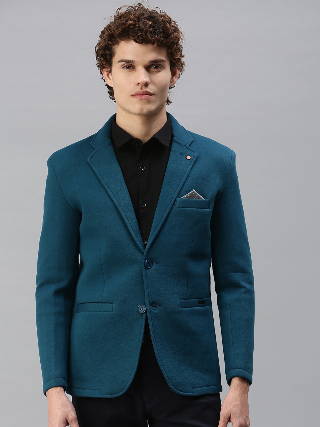 

SHOWOFF Men Turquoise Blue Solid Single-Breasted Slim-Fit Blazer