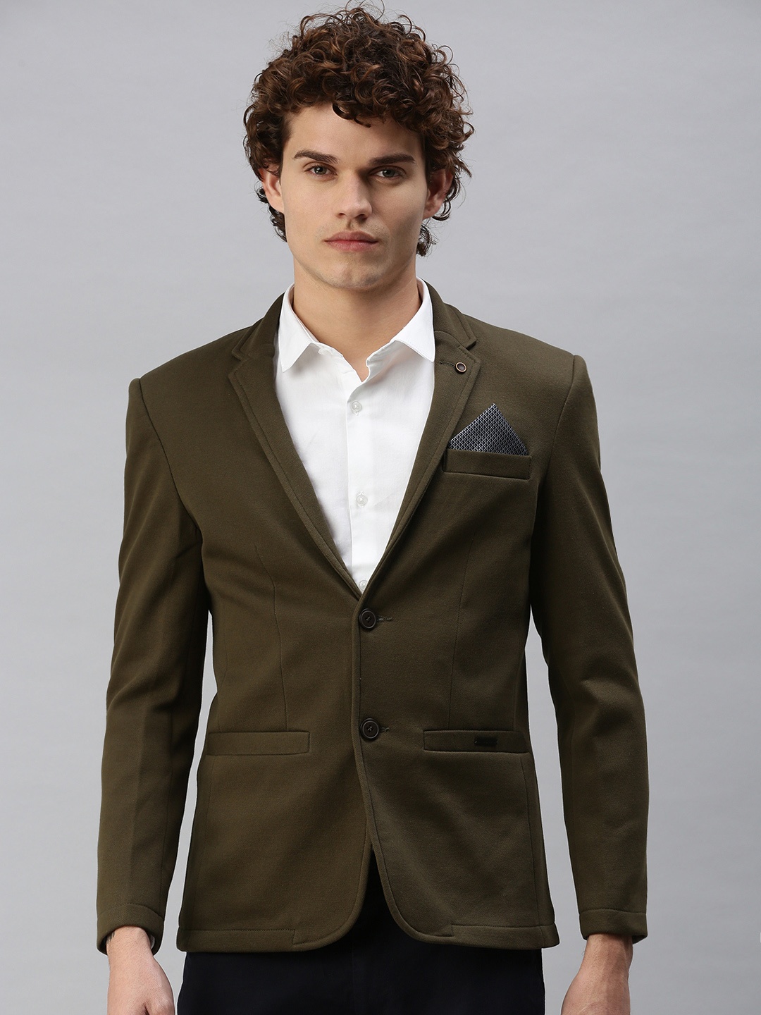 

SHOWOFF Men Olive Green Solid Single-Breasted Slim-Fit Blazer