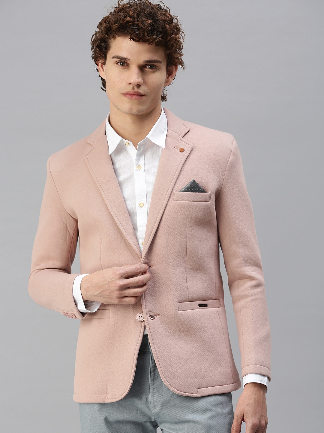 

SHOWOFF Men Pink Solid Notched Lapel Single-Breasted Slim-Fit Blazer