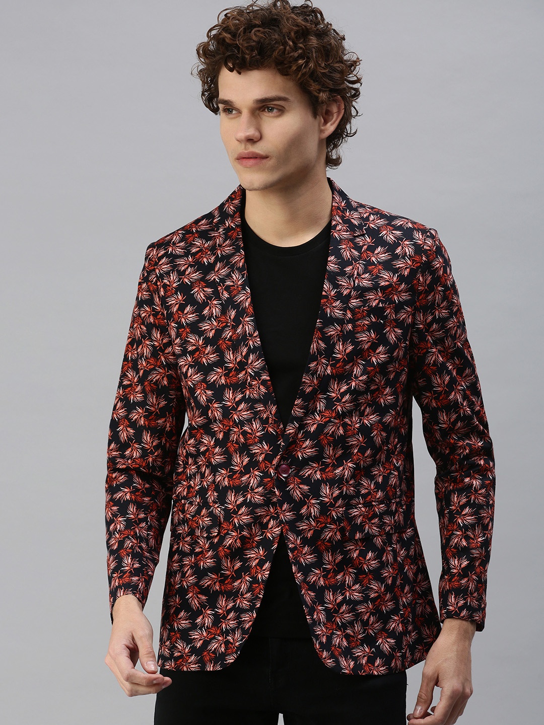 

SHOWOFF Men Navy Blue & Orange Printed Single-Breasted Slim-Fit Blazer