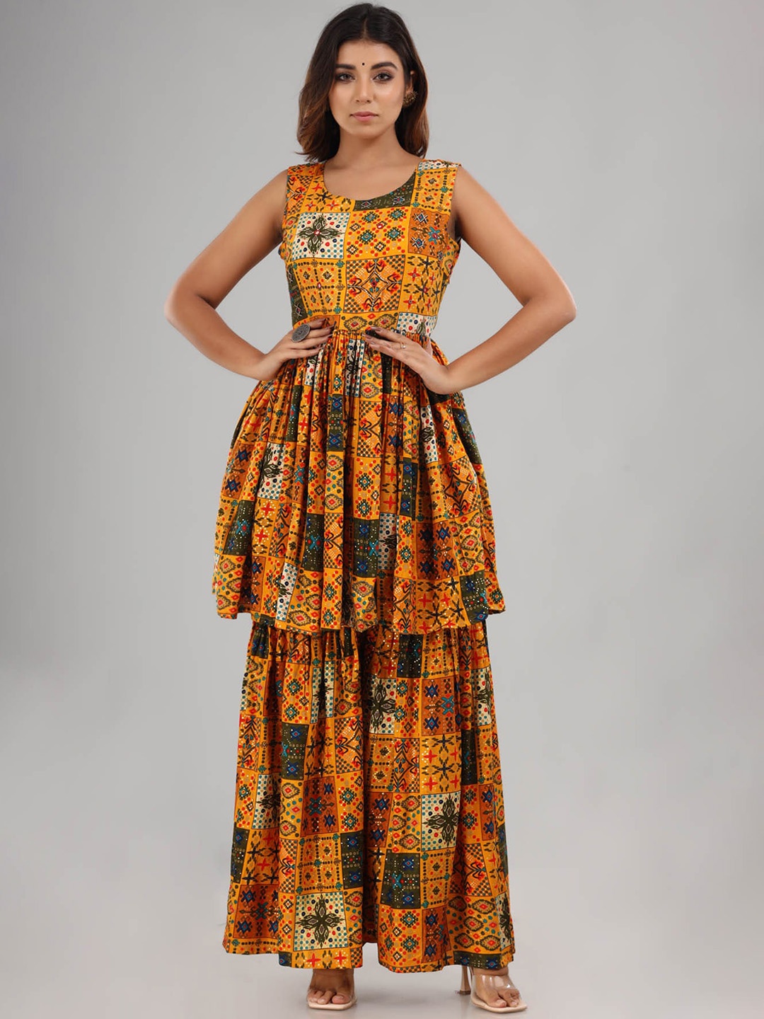 

FASHION DWAR Women Yellow Printed Pleated Pure Cotton Kurta with Palazzo & With Dupatta
