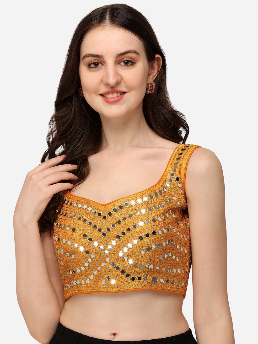 

Fab Dadu Women Yellow Embroidered Mirror Work Saree Blouse