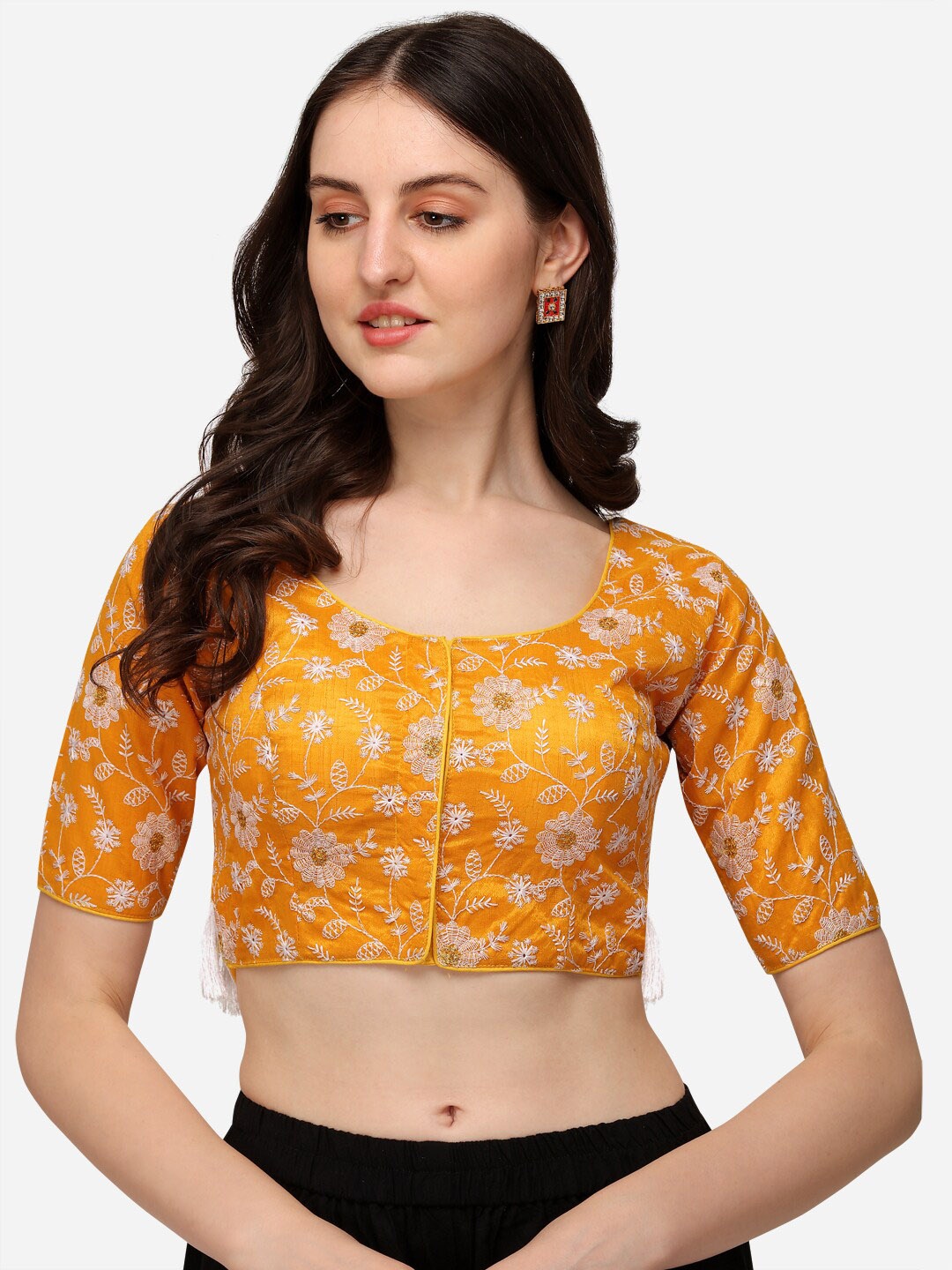 

Fab Dadu Women Yellow & Gold-Coloured Embroidered Saree Blouse