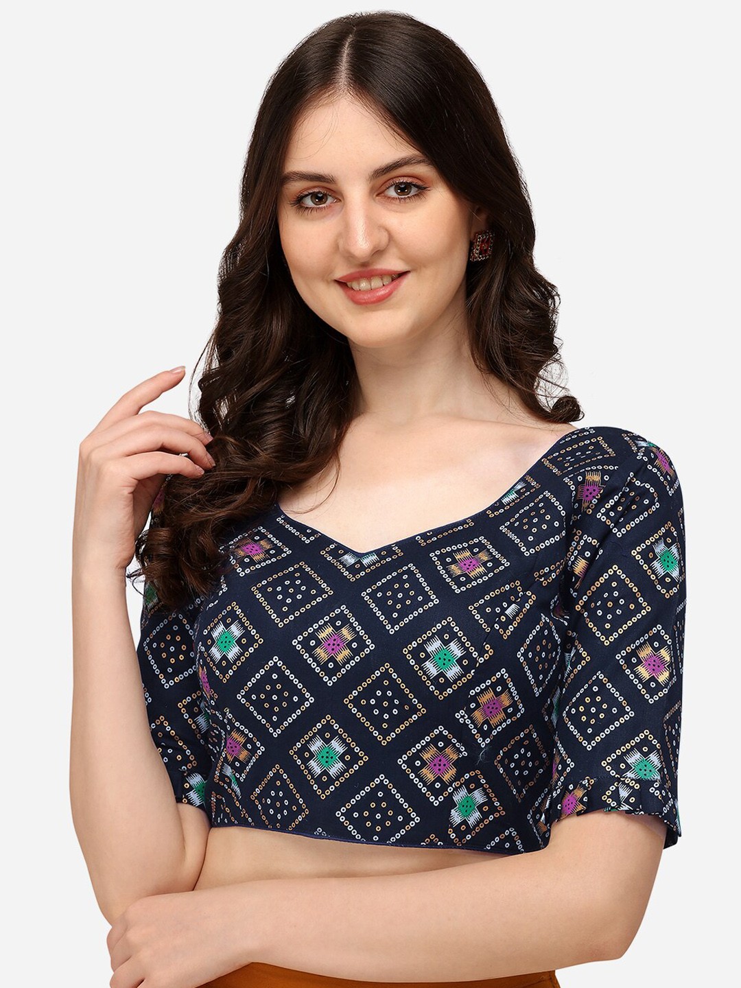 

Fab Dadu Navy Blue & White Printed Saree Blouse