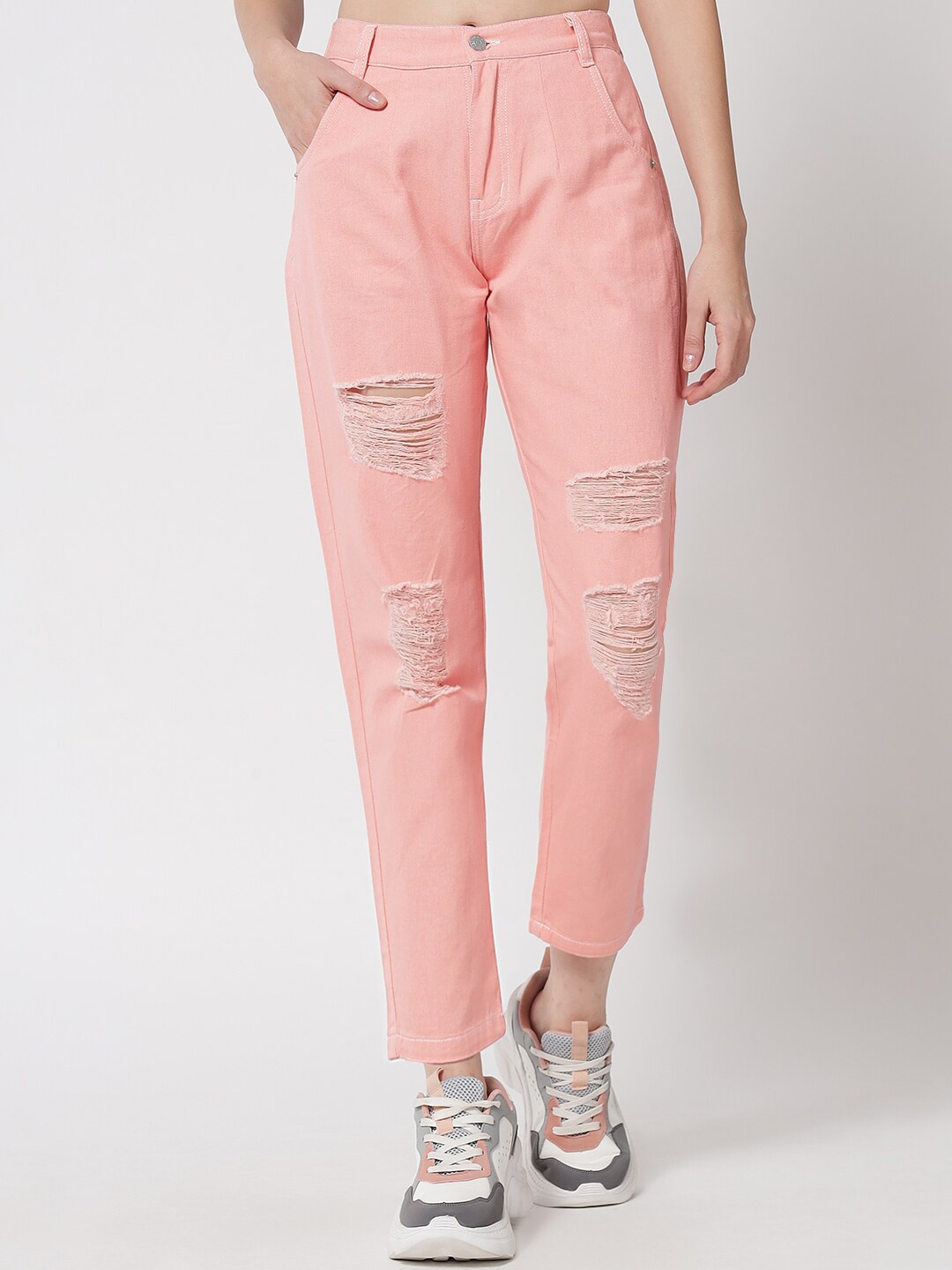 

River Of Design Jeans Women Peach-Coloured Boyfriend Fit High-Rise Highly Distressed Jeans