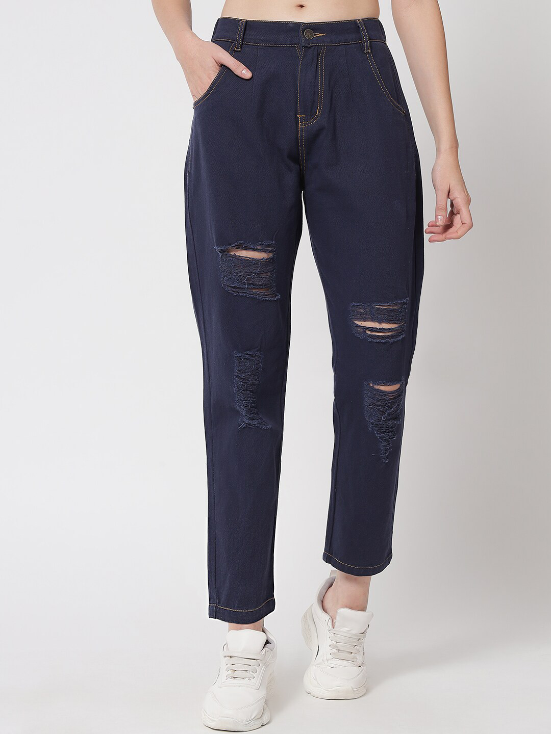

River Of Design Jeans Women Navy Blue Boyfriend Fit High-Rise Mildly Distressed Jeans