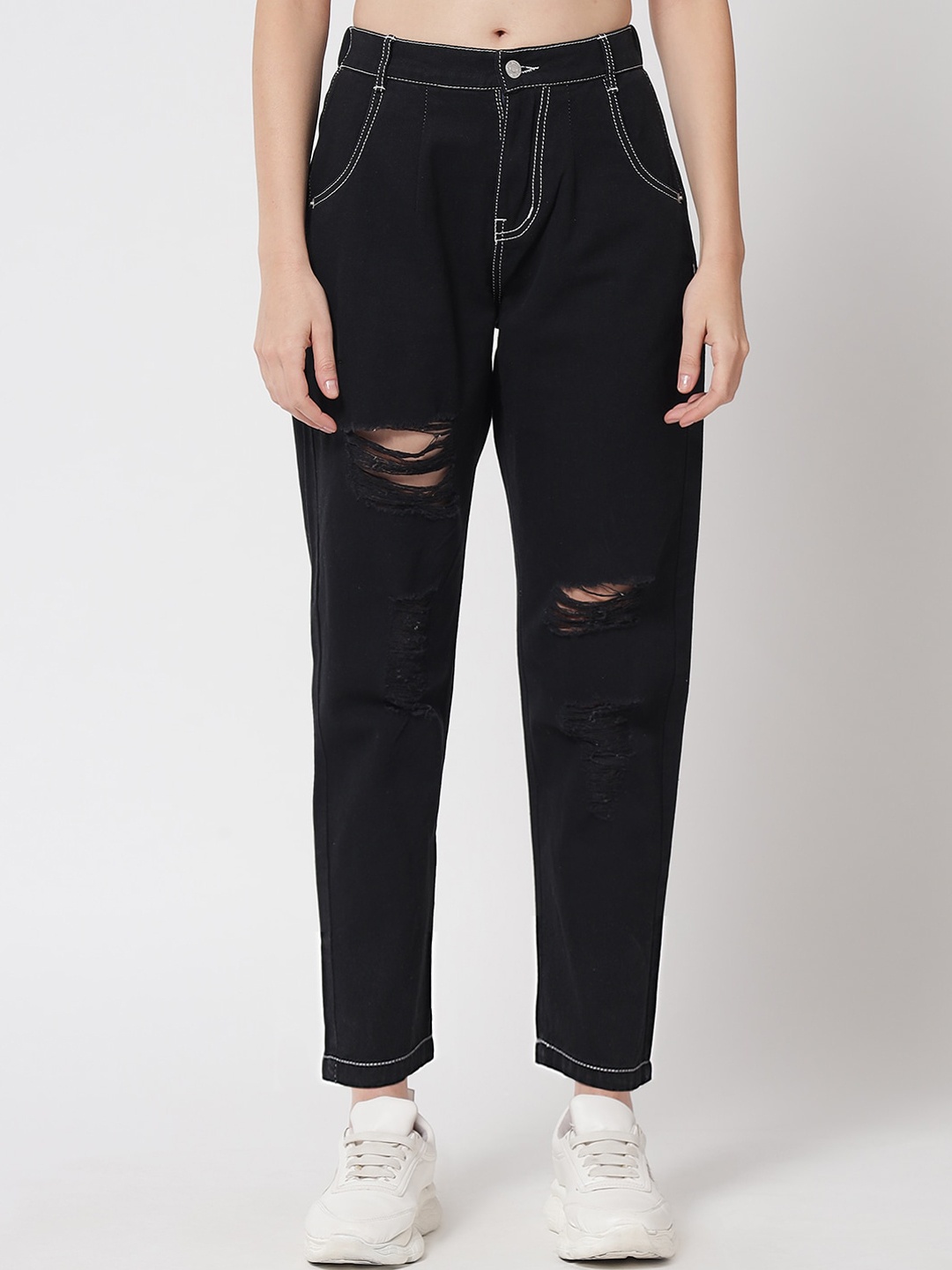 

River Of Design Jeans Women Black Boyfriend Fit High-Rise Mildly Distressed Jeans