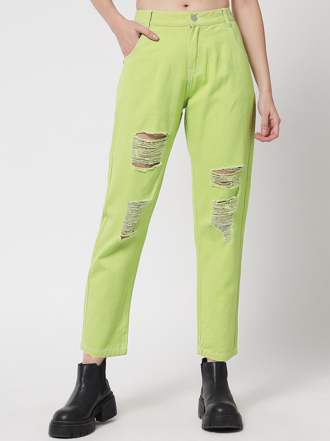 

River Of Design Jeans Women Fluorescent Green Boyfriend Fit High-Rise Mildly Distressed Jeans