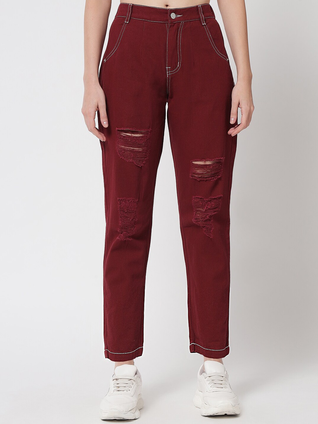 

River Of Design Jeans Women Maroon Boyfriend Fit High-Rise Mildly Distressed Jeans