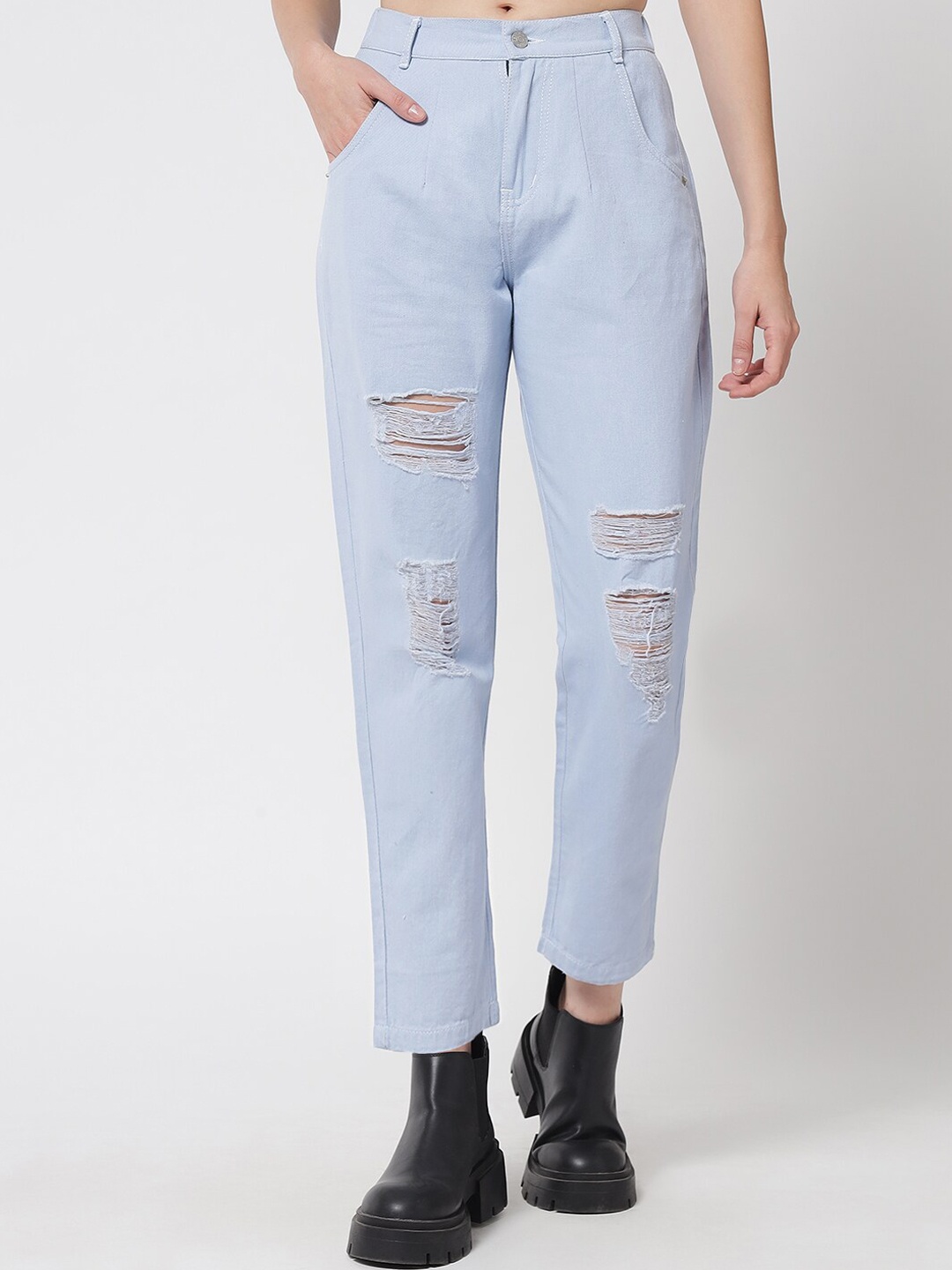 

River Of Design Jeans Women Blue Boyfriend Fit High-Rise Mildly Distressed Jeans