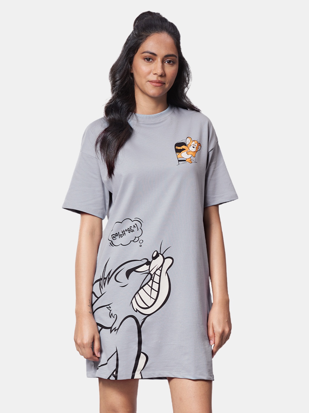 

The Souled Store Women Grey Tom & Jerry Angry Tom Placement Print Oversized T-Shirt Dress