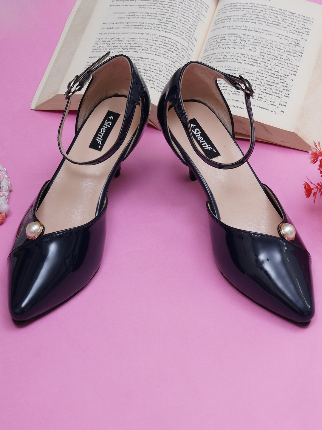 

Sherrif Shoes Women Navy Blue Kitten Heels with Buckles