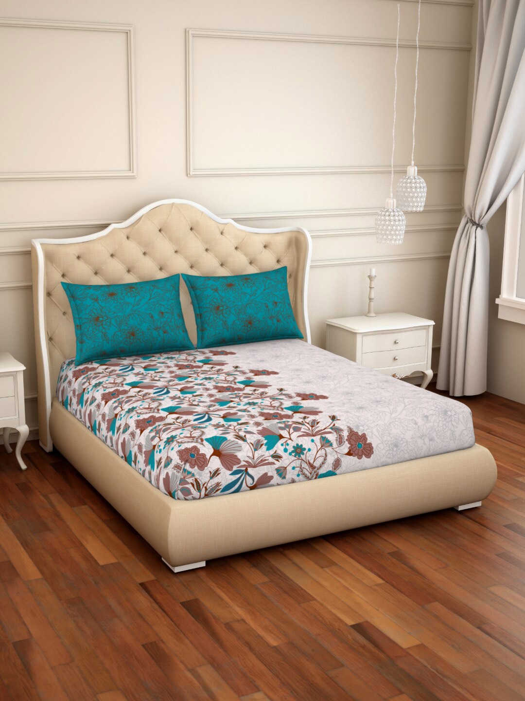 

CORE Designed by SPACES Brown & White Floral 144 TC King Bedsheet with 2 Pillow Covers