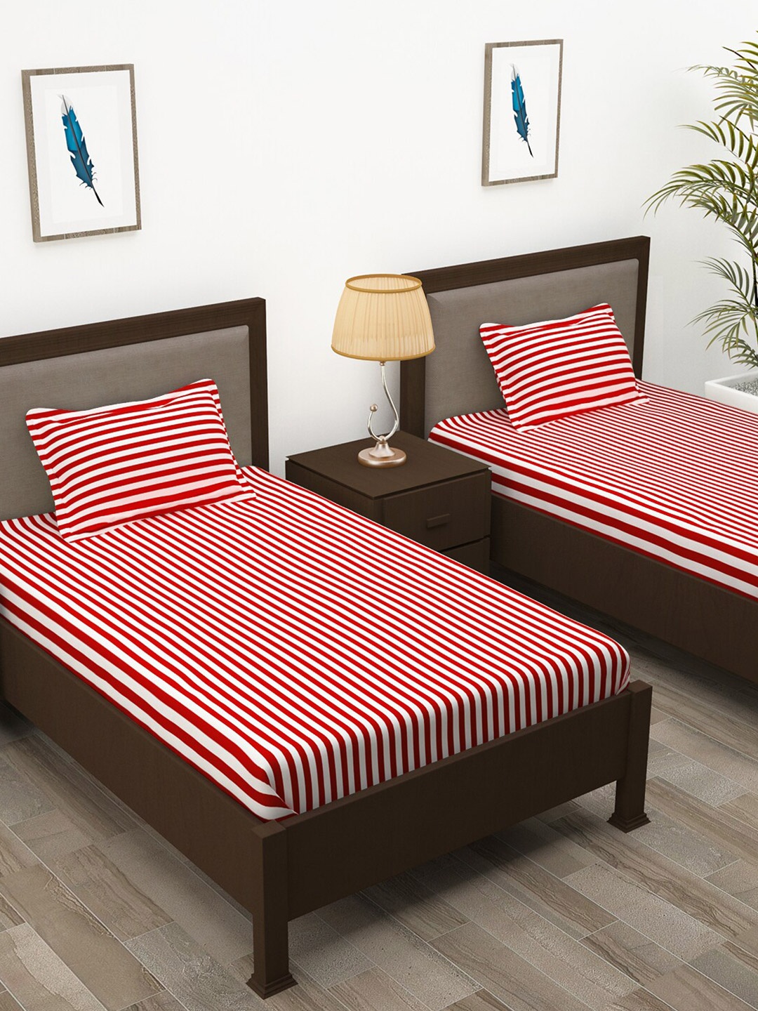 

Story@home Red & White Striped 210 TC 2 Single Bedsheet with 2 Pillow Covers