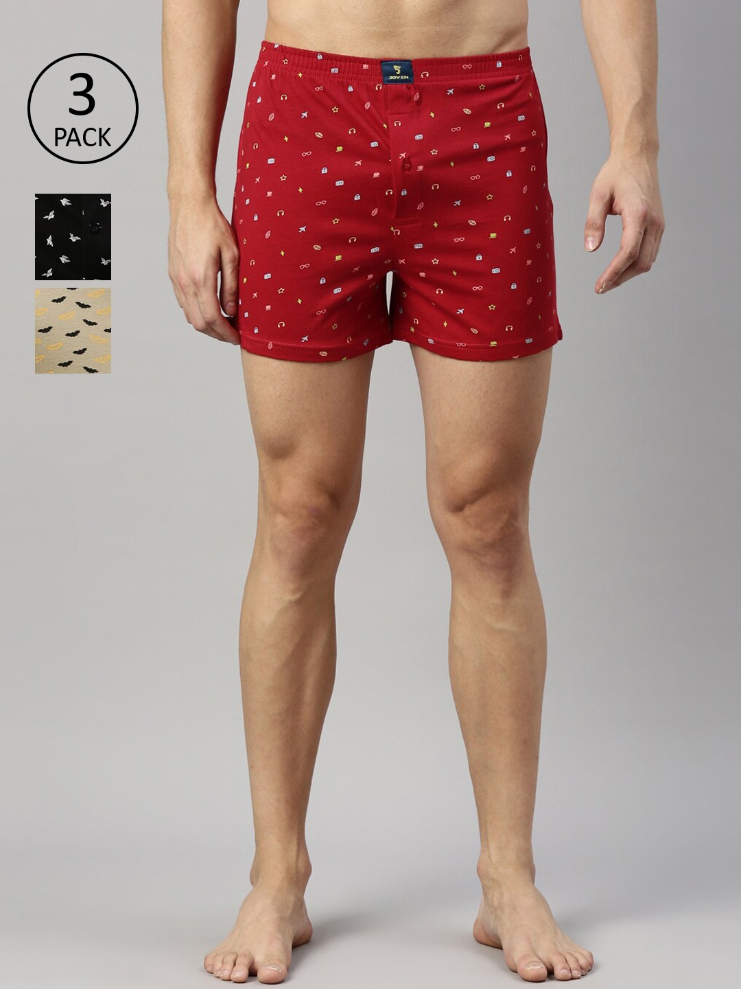 

Joven Men Pack Of 3 Yellow and Black Printed Pure Combed Cotton Boxers JB3K-PXBTRT