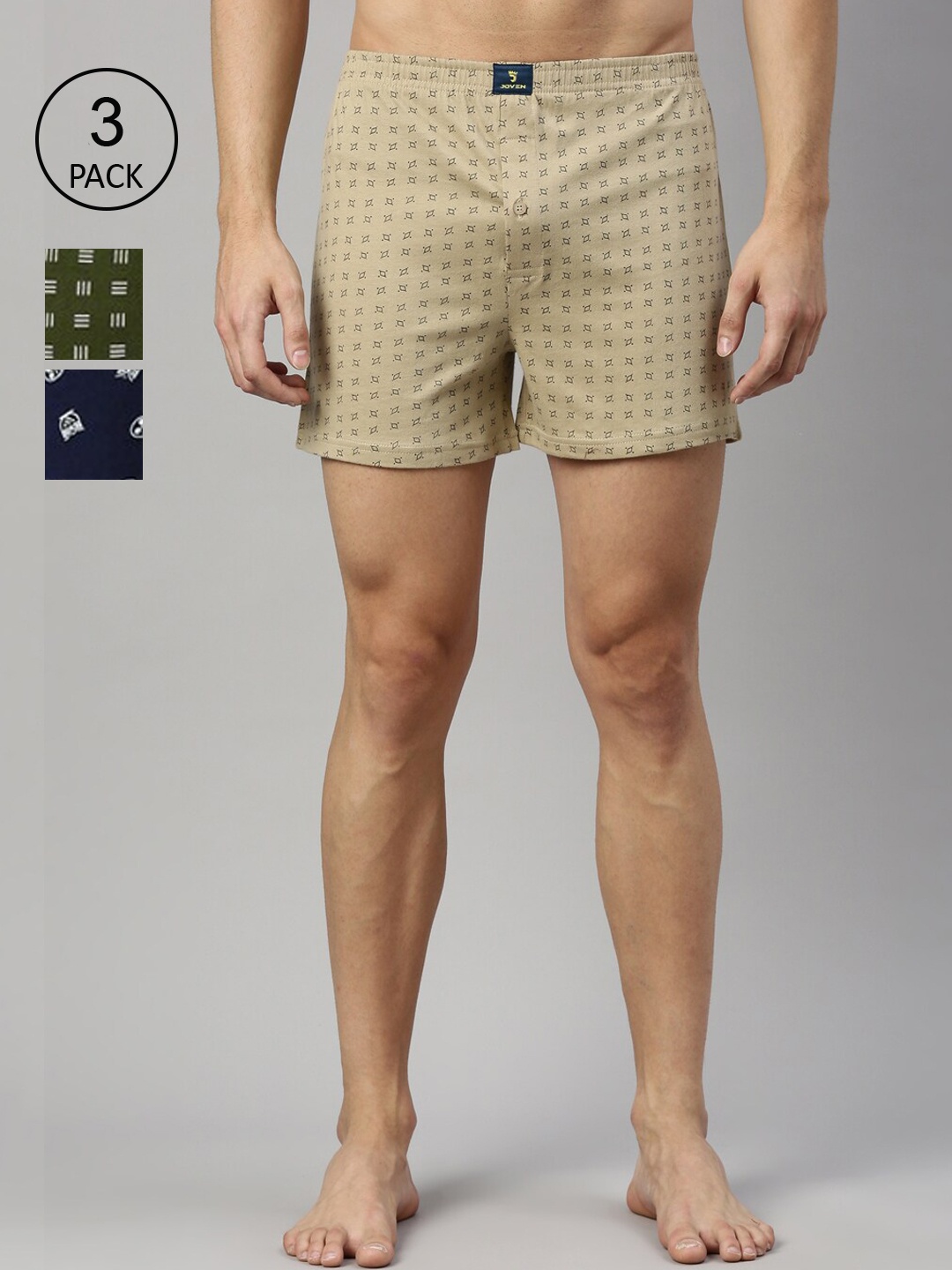 

Joven Men Pack of 3 Printed Pure Combed Cotton Knitted Boxers-JB3K-OWRHST, Beige