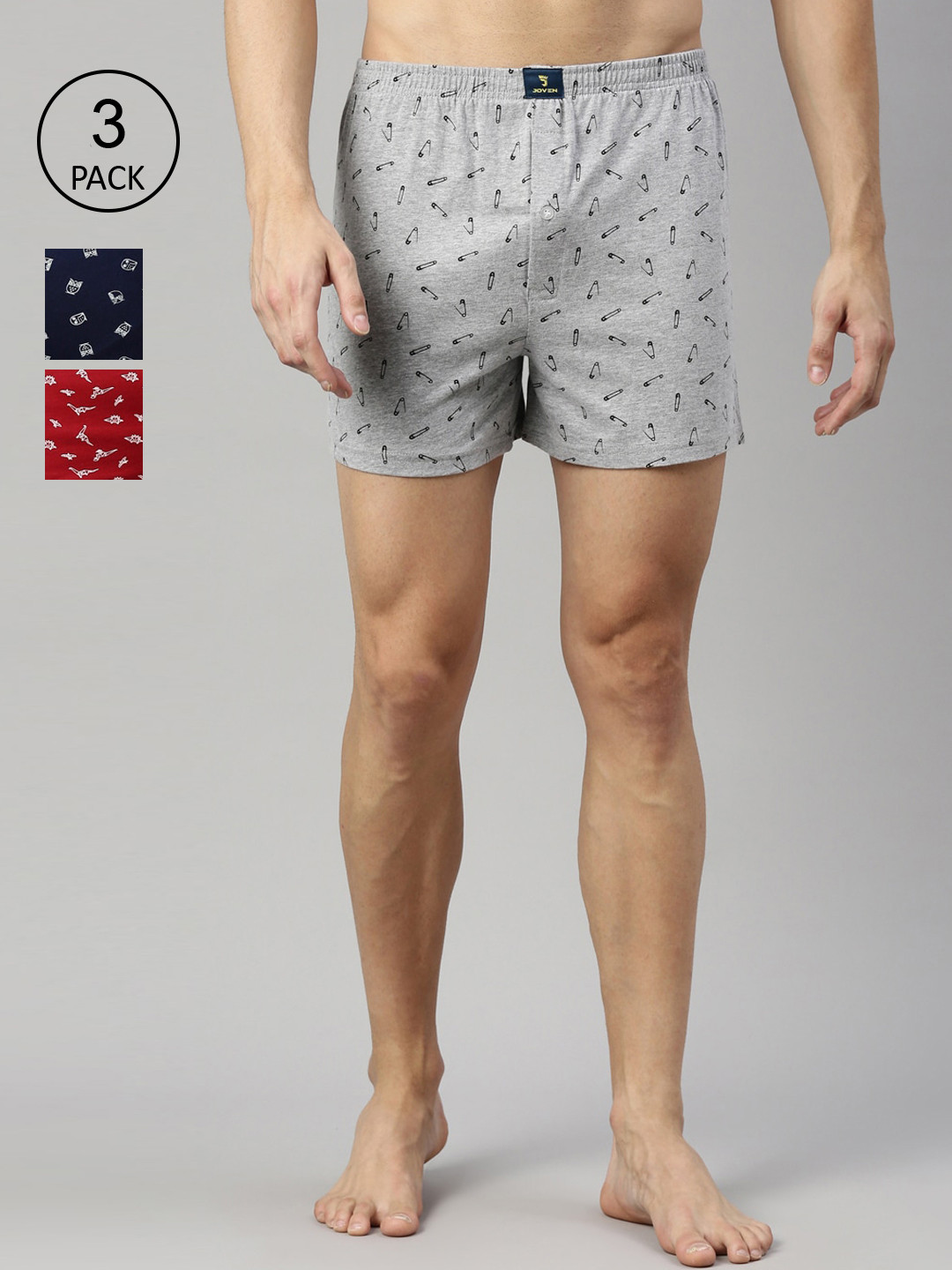 

Joven Men Pack of 3 Printed Pure Combed Cotton Knitted Boxers-JB3K-DPSPOW, Red