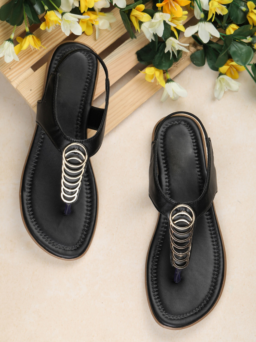 

Myra Women Black Solid T-Strap Flats