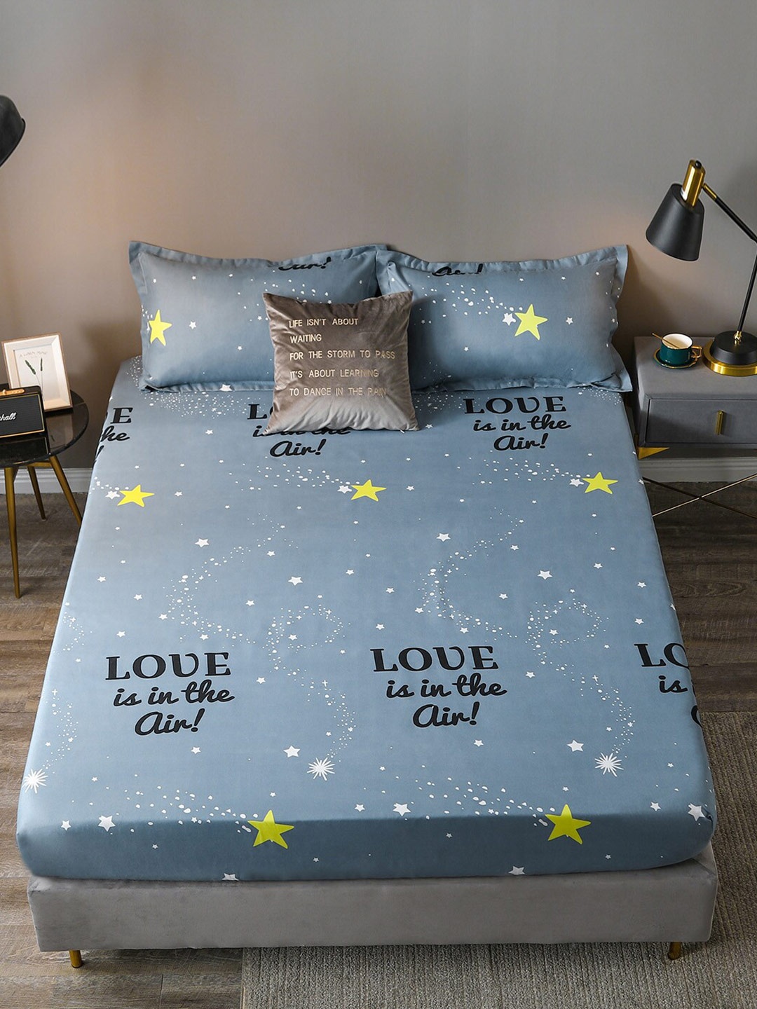 

JC HOME Blue & Black Typography Printed 160 TC King Size Bedsheet with 2 Pillow Covers