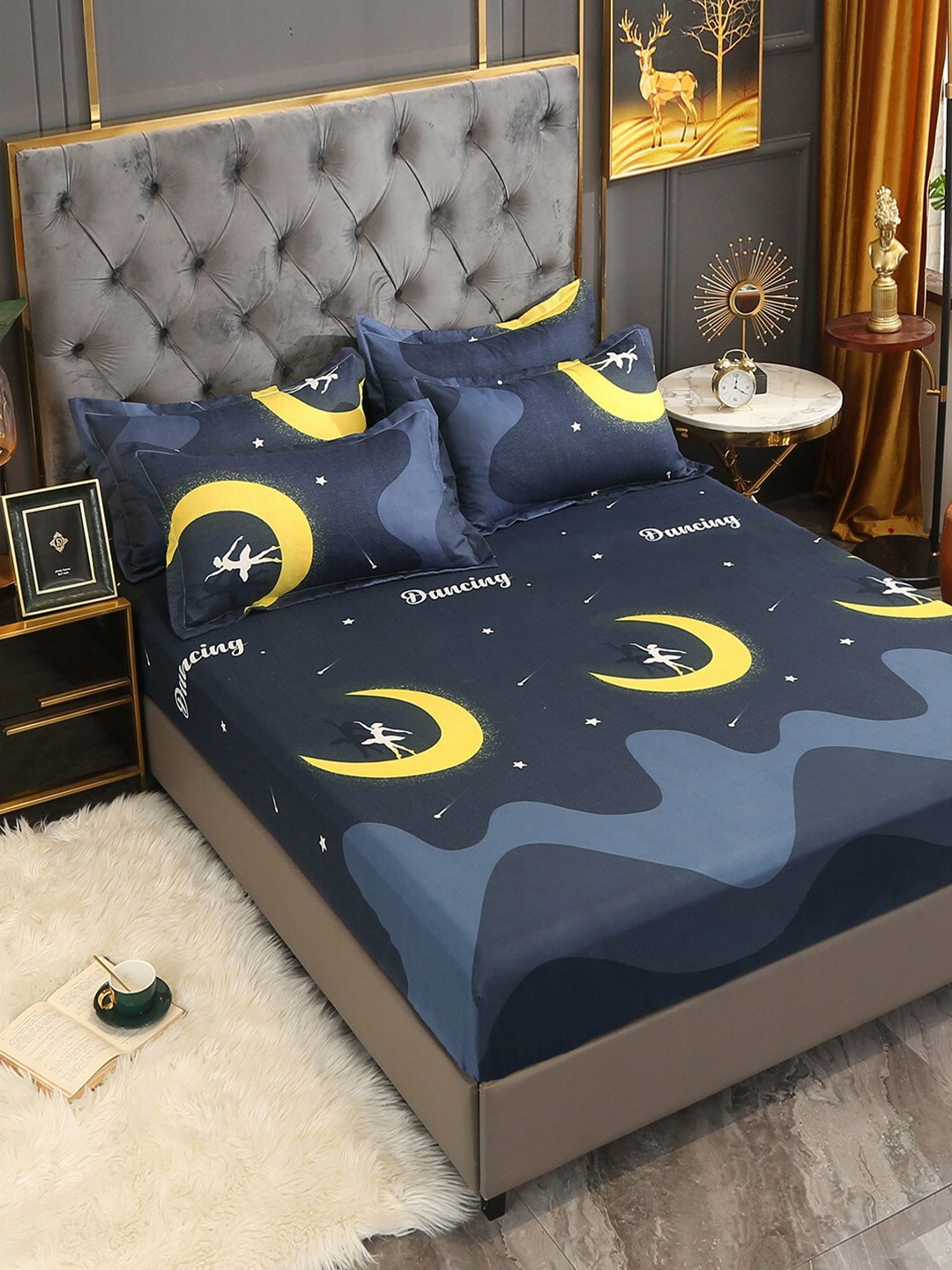 

JC Collection Navy Blue & Yellow Graphic 160 TC Single Bedsheet with Pillow Covers