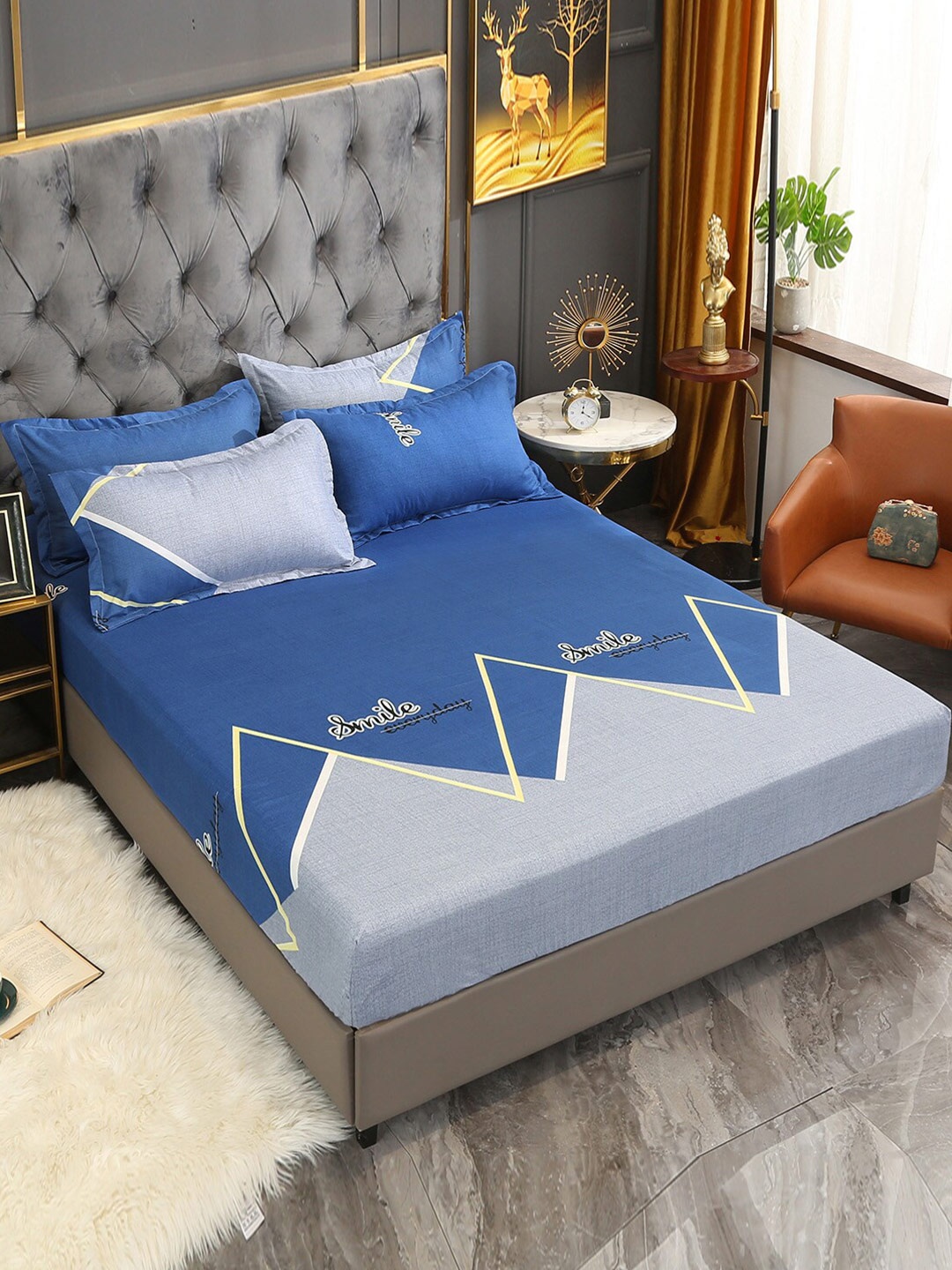 

JC HOME Blue & Grey Geometric 160 TC King Bedsheet with 2 Pillow Covers