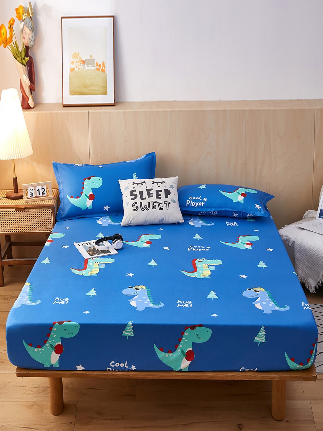 

JC HOME Navy Blue & Green Cartoon Printed 160 TC Queen Size Bedsheet