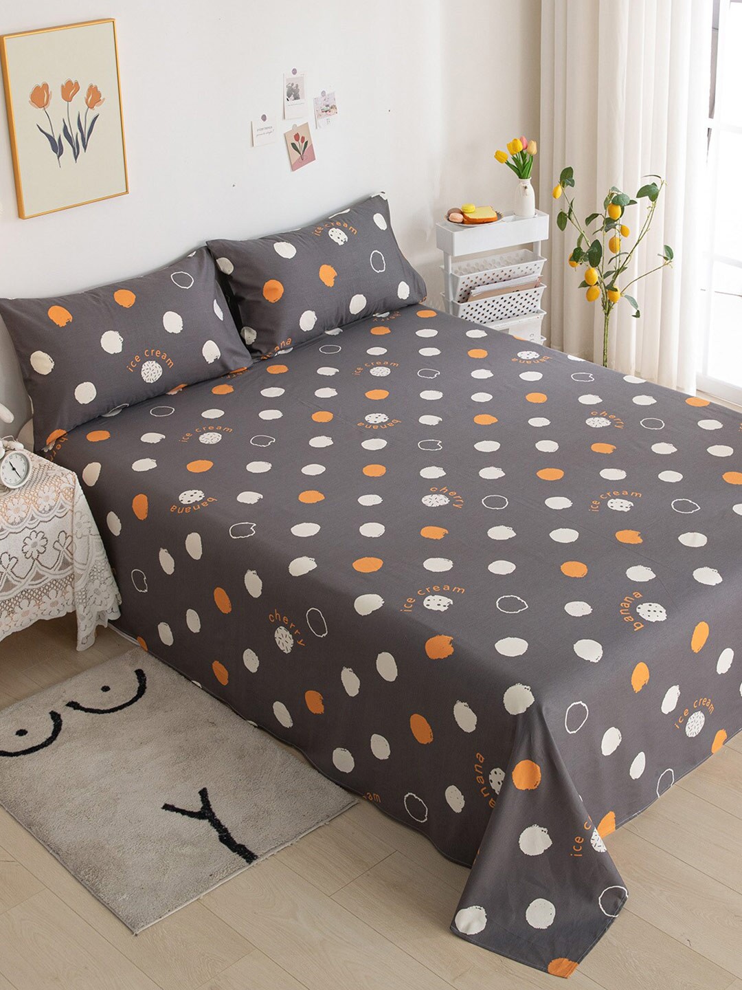 

JC Collection Charcoal & White Graphic 200 TC Cotton King Bedsheet with 2 Pillow Covers