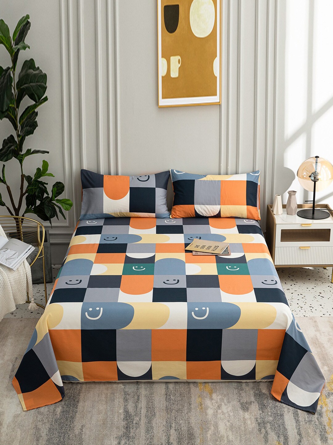 

JC HOME Grey & Orange Graphic 200 TC Pure Cotton Queen Bedsheet with 2 Pillow Covers