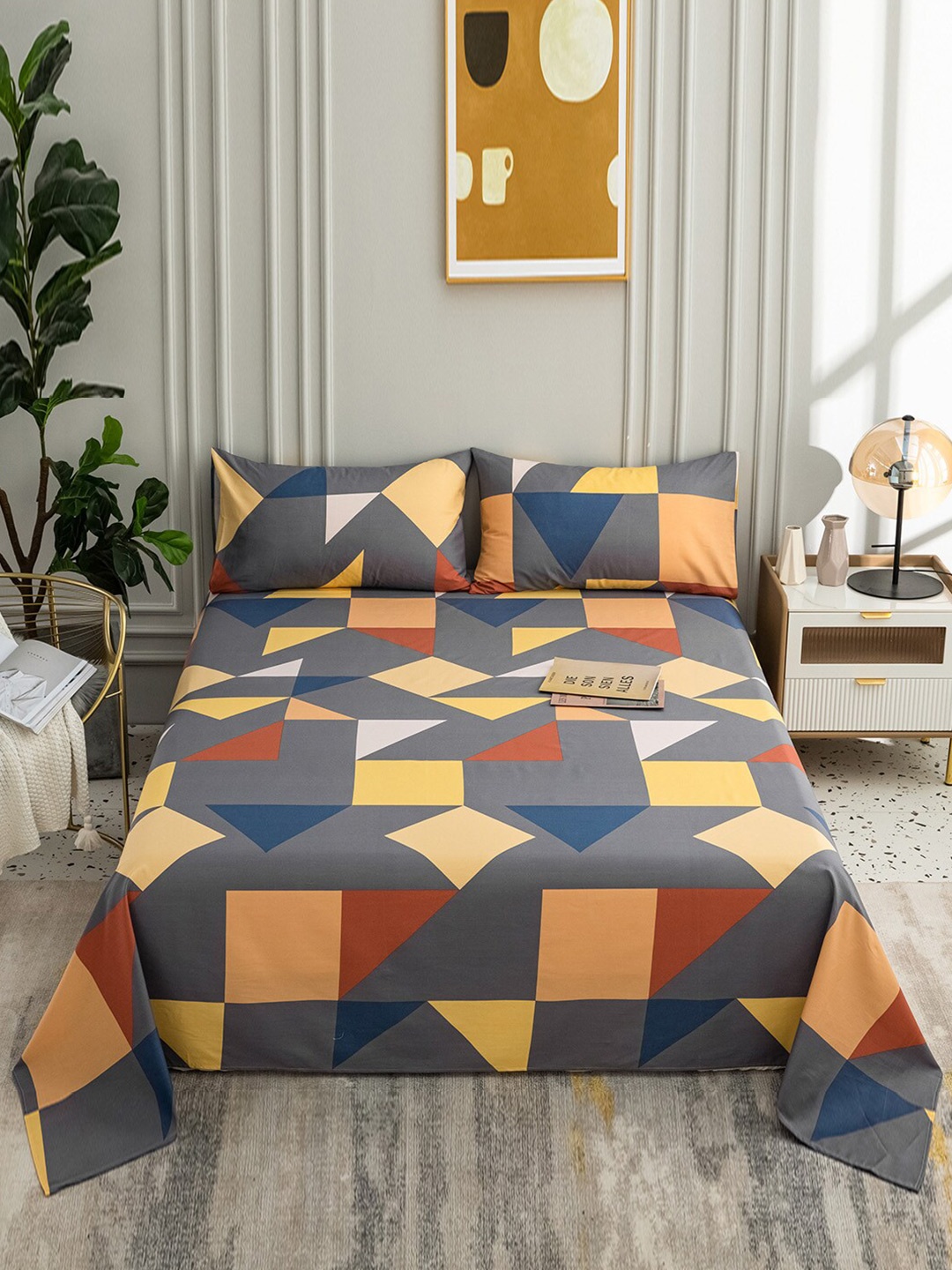 

JC HOME Grey Yellow Geometric Printed 200 TC Single Bedsheet with 1 Pillow Covers