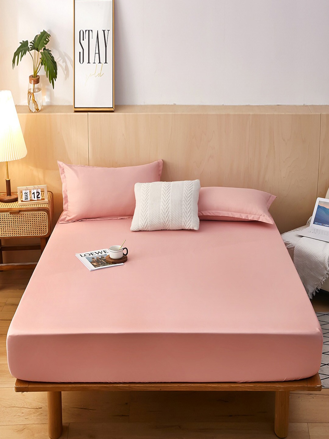 

JC HOME Peach-Coloured 160 TC Fitted Queen Bedsheet