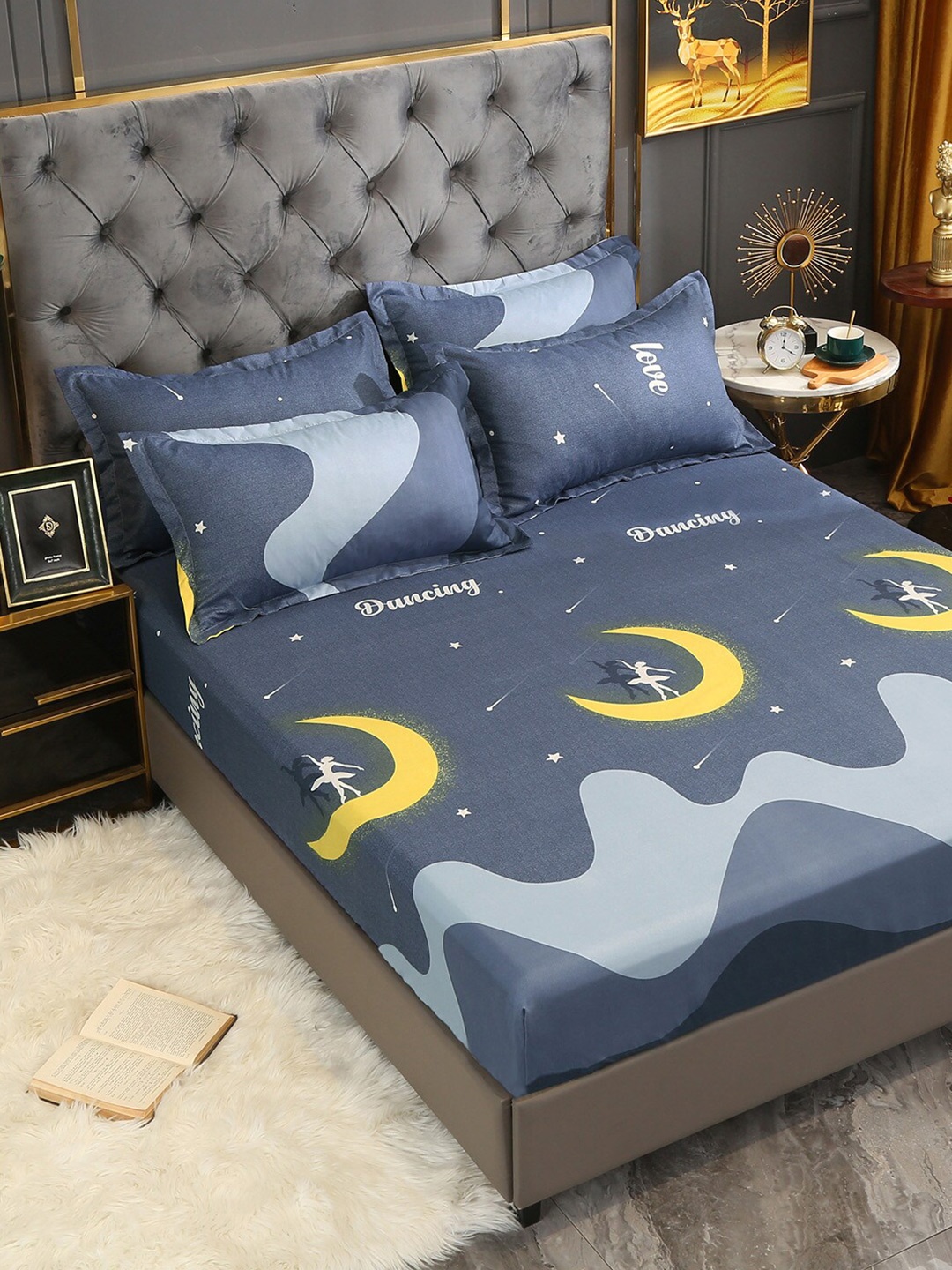 

JC Collection Grey & Yellow 160 TC Single Bedsheet with 1 Pillow Covers