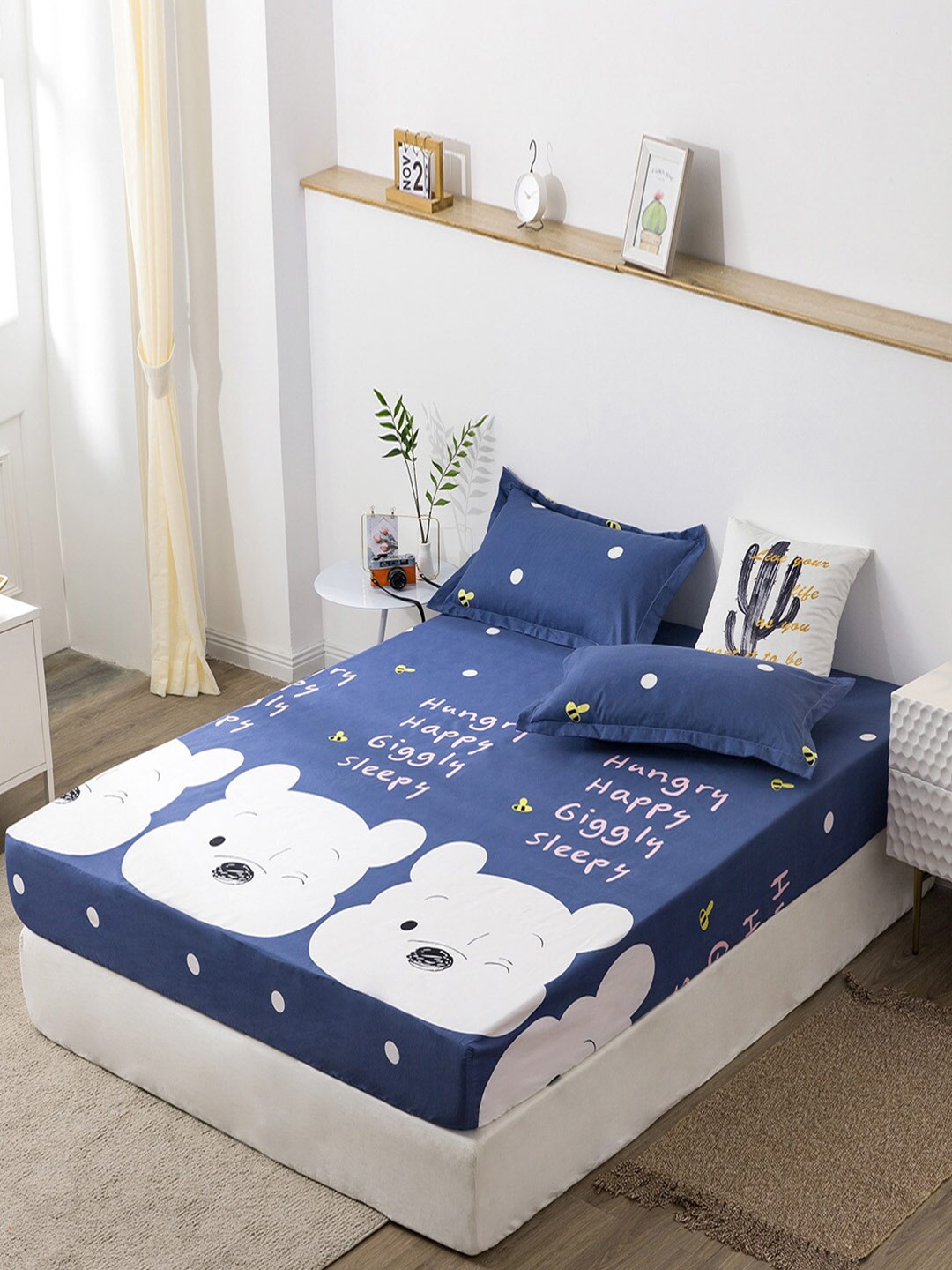 

JC HOME Blue & White Cartoon Printed 160 TC Single Bedsheet with 2 Pillow Covers