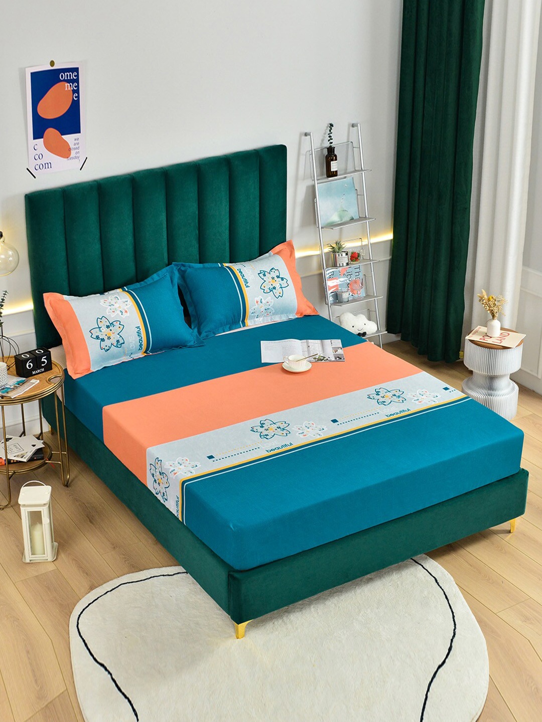 

JC HOME Teal & Orange Striped 160 TC King Bedsheet with 2 Pillow Covers