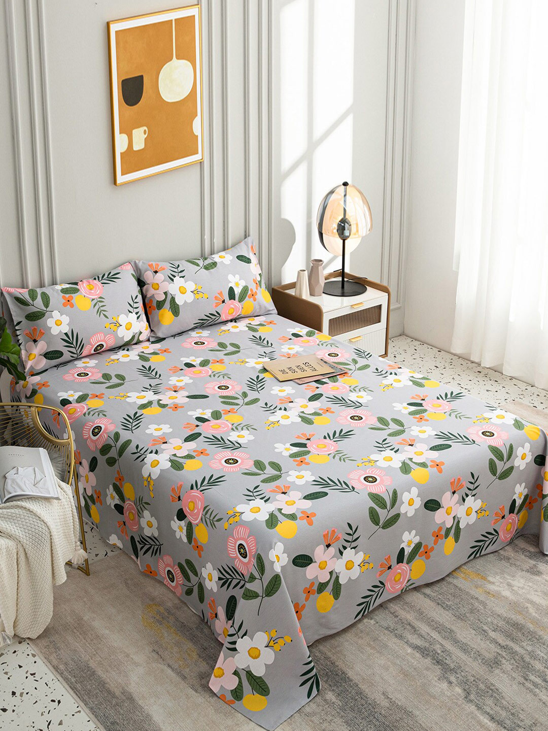 

JC Collection Multicolour 200 TC Queen Floral Cotton Bedsheet with 2 Pillow Covers, Multi