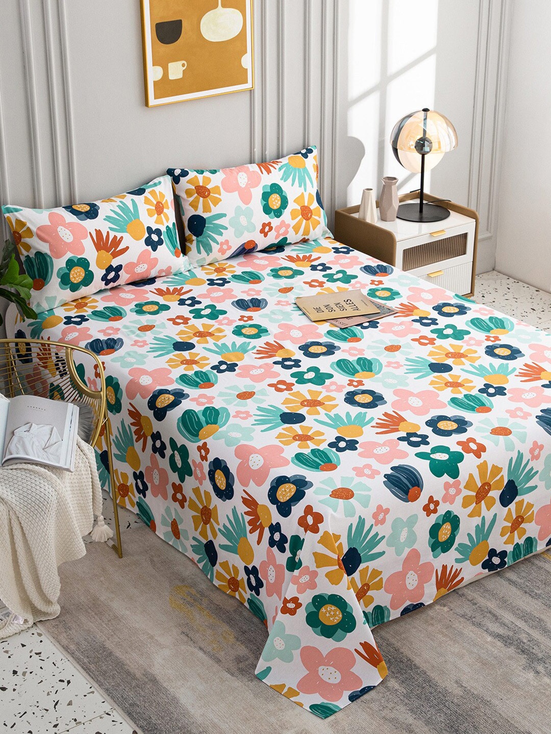 

JC HOME White & Pink Floral 200 TC Queen Bedsheet with 2 Pillow Covers