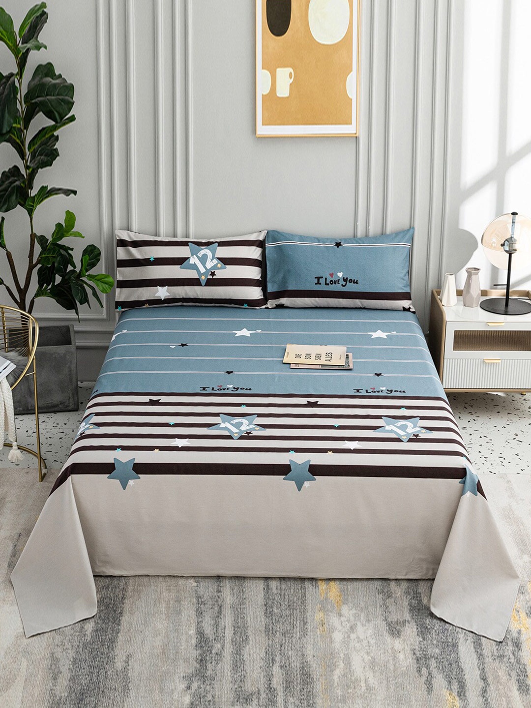

JC HOME Blue & Grey Striped 200 TC Queen Bedsheet with 2 Pillow Covers