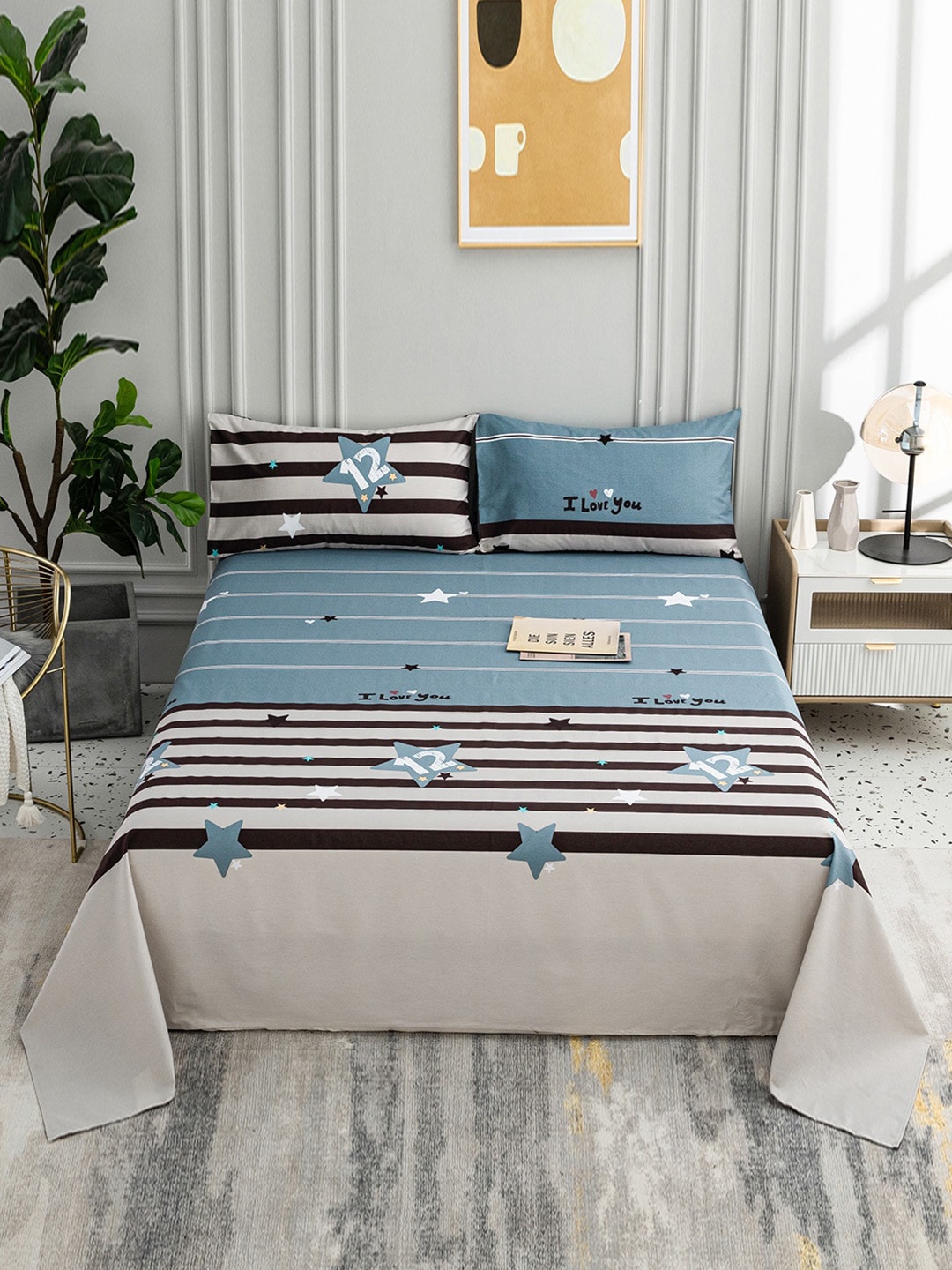 

JC HOME Blue & Black Conversational Printed 200 TC Single Bedsheet with 1 Pillow Covers