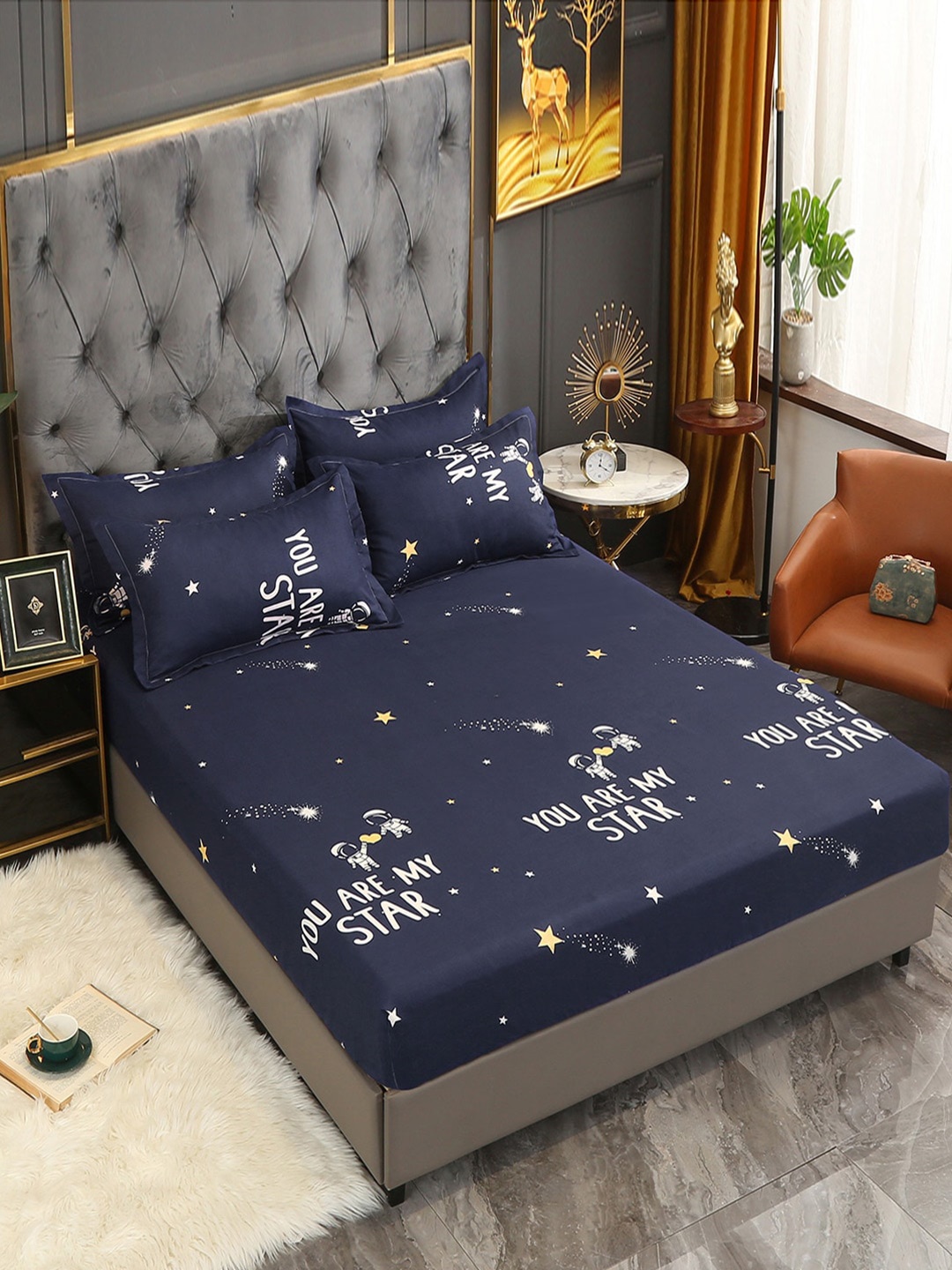 

JC HOME Navy Blue & White 160 TC Fitted King Bedsheet with 2 Pillow Covers