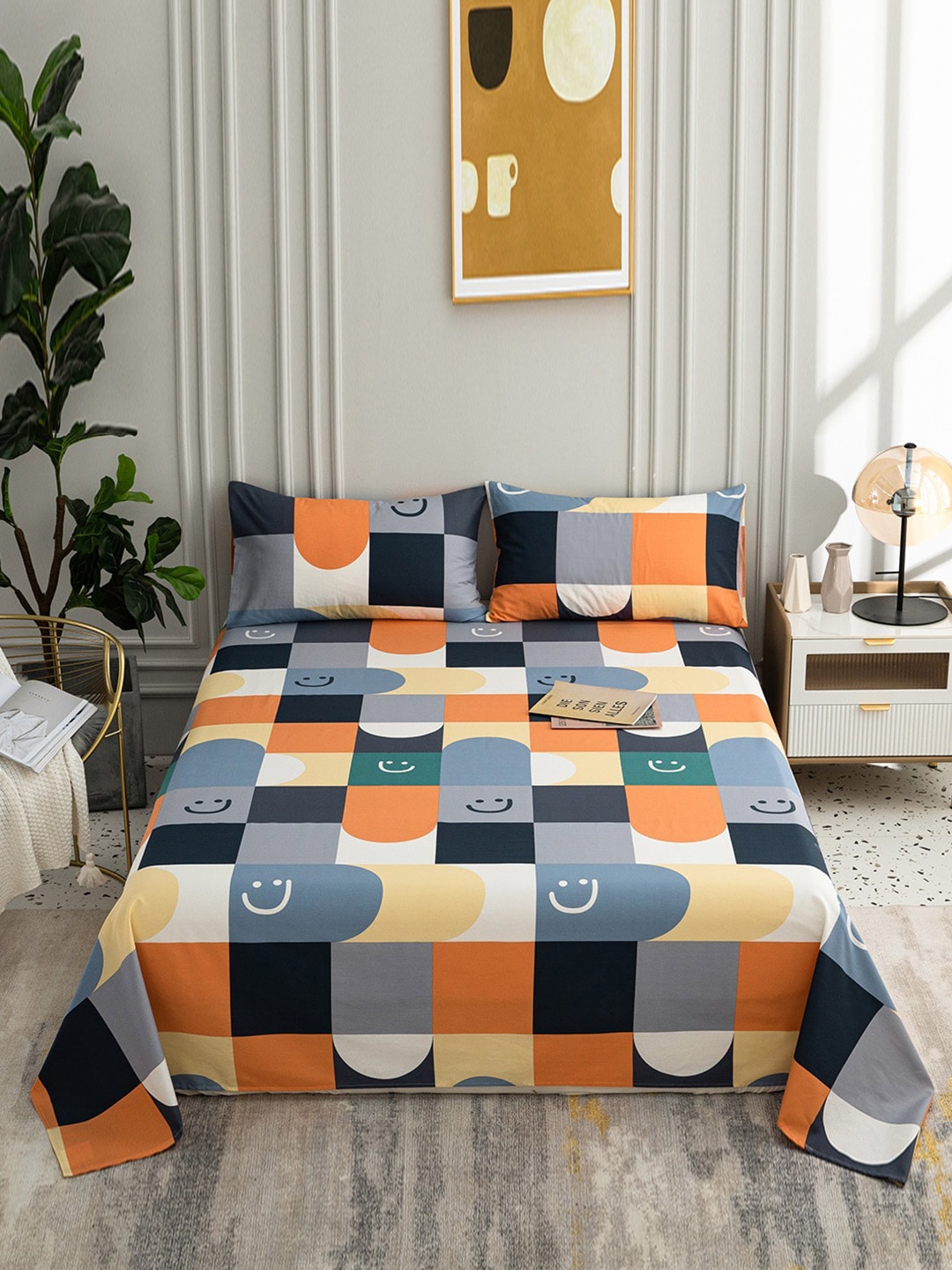 

JC HOME Grey & Orange Cartoon Characters 200 TC Single Bedsheet with 1 Pillow Covers