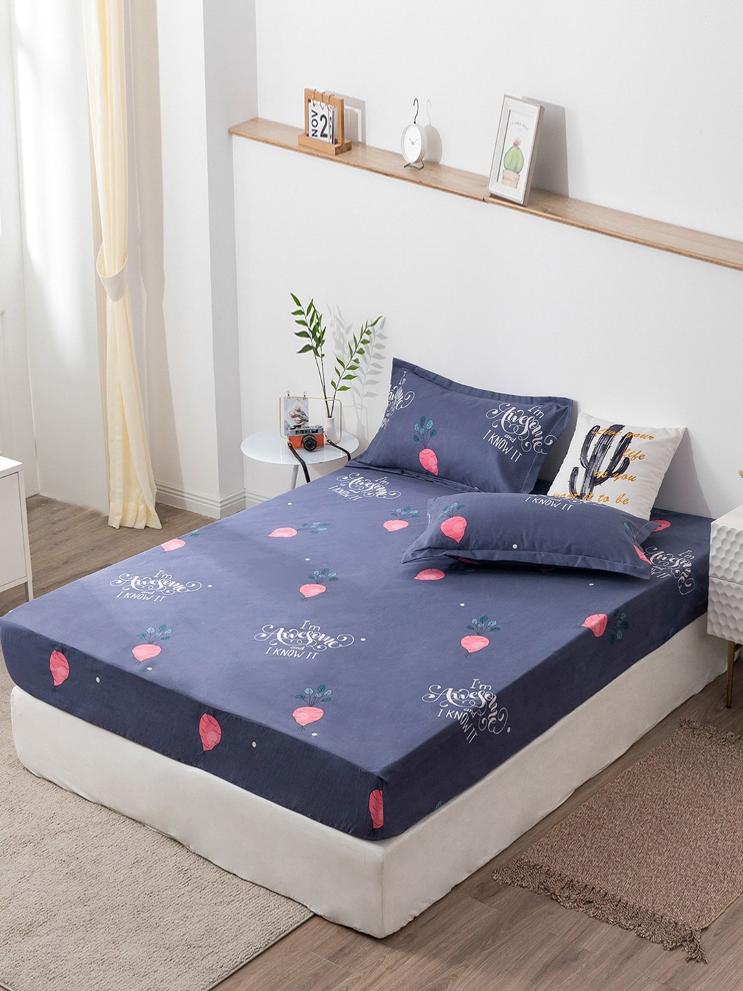 

JC HOME Navy Blue 160 TC Queen Geometric Bedsheet with 2 Pillow Covers