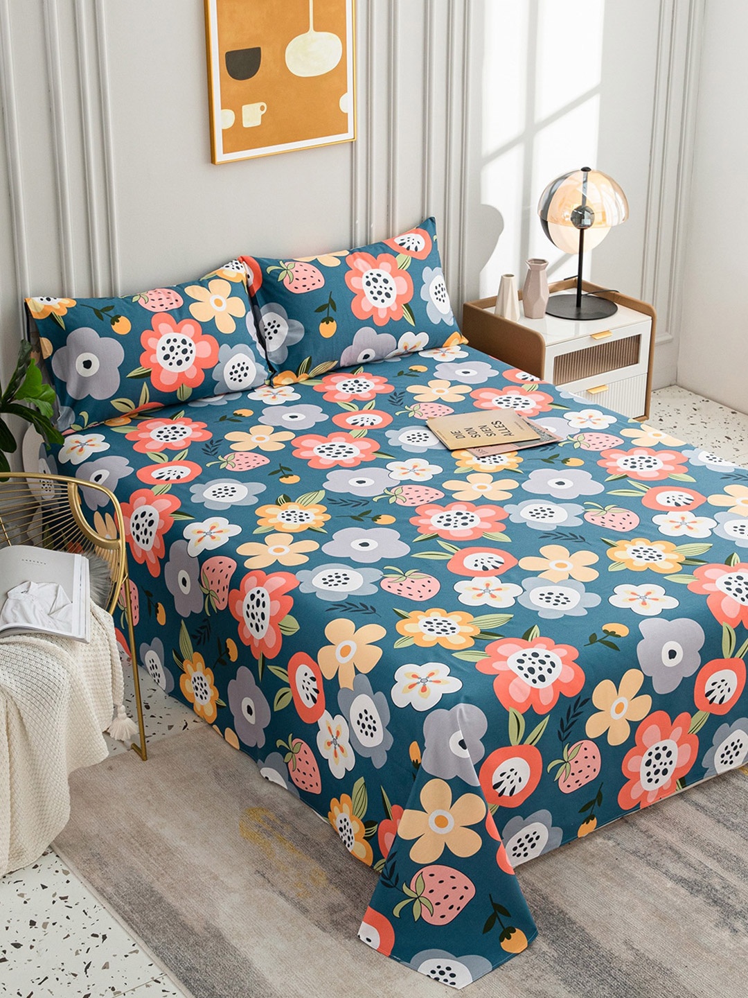 

JC HOME Blue & White Floral 200 TC Single Bedsheet with 1 Pillow Covers