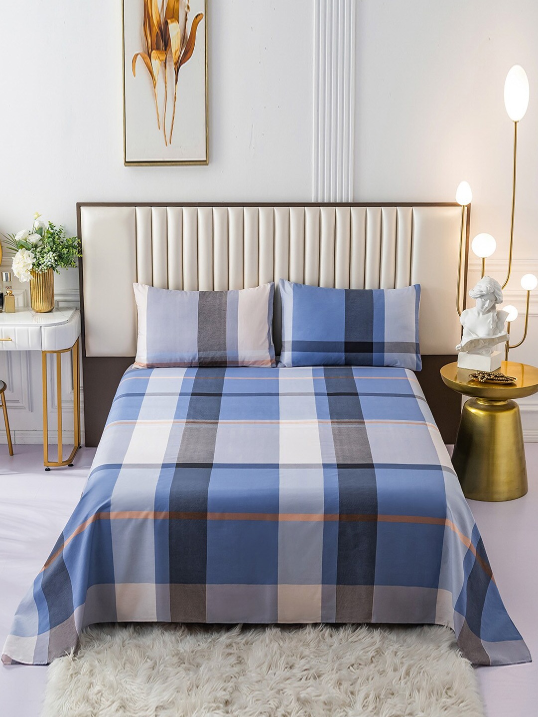 

JC HOME Blue & White Geometric Printed 200 TC King Size Bedsheet with Pillow Covers