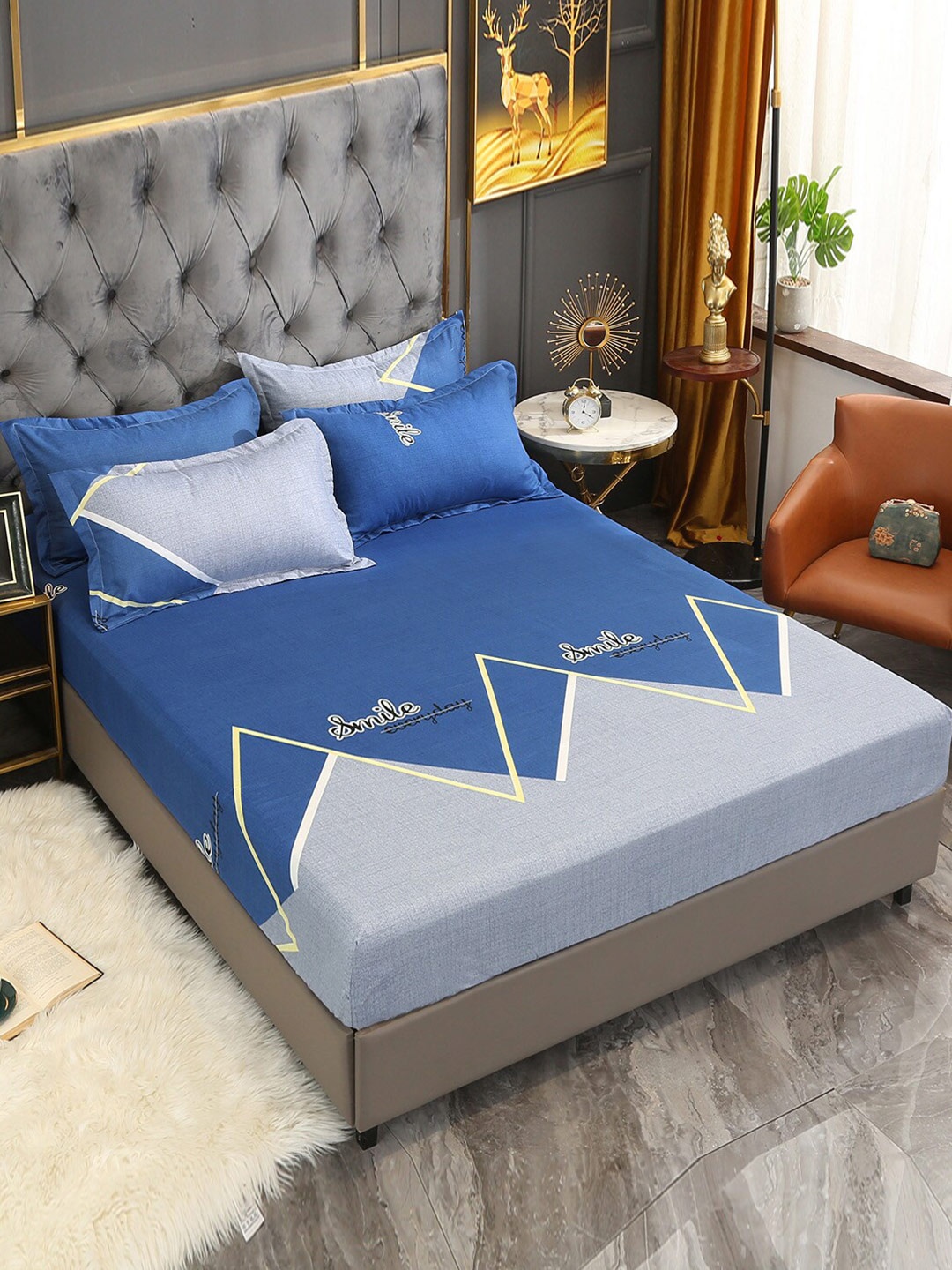 

JC HOME Blue & Yellow Geometric 160 TC Queen Bedsheet with 2 Pillow Covers