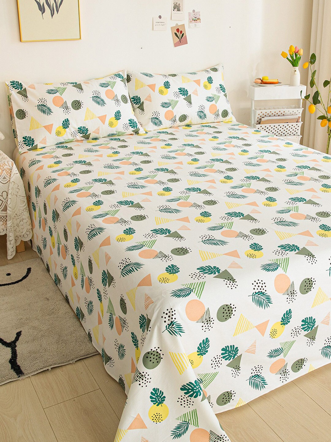 

JC HOME White Yellow Floral 200 TC Pure Cotton Queen Bedsheet with 2 Pillow Covers