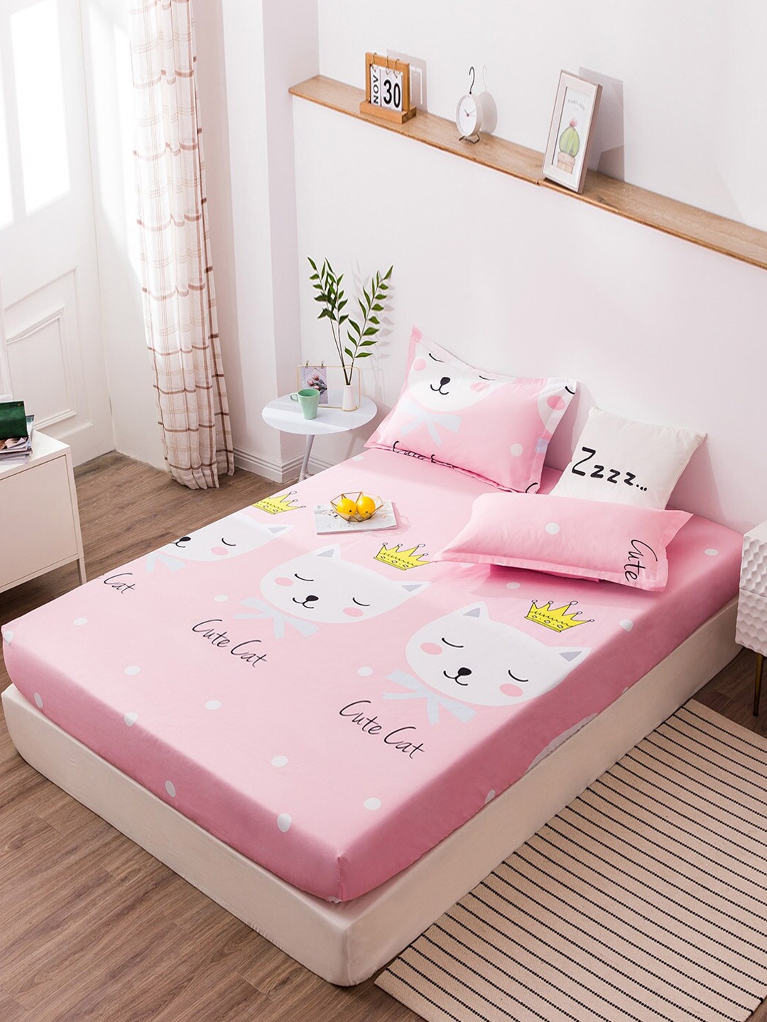 

JC HOME Pink White 160 TC Fitted Single Bedsheet with 1 Pillow Cover